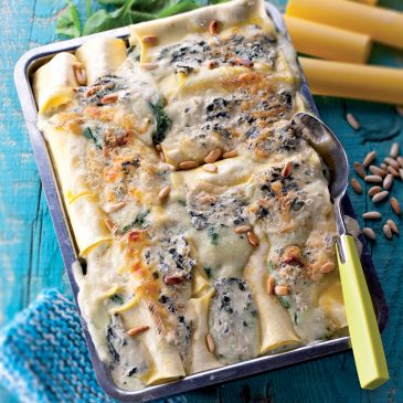 Gratin de cannelloni au Bleu d’Auvergne et pousses d’épinards